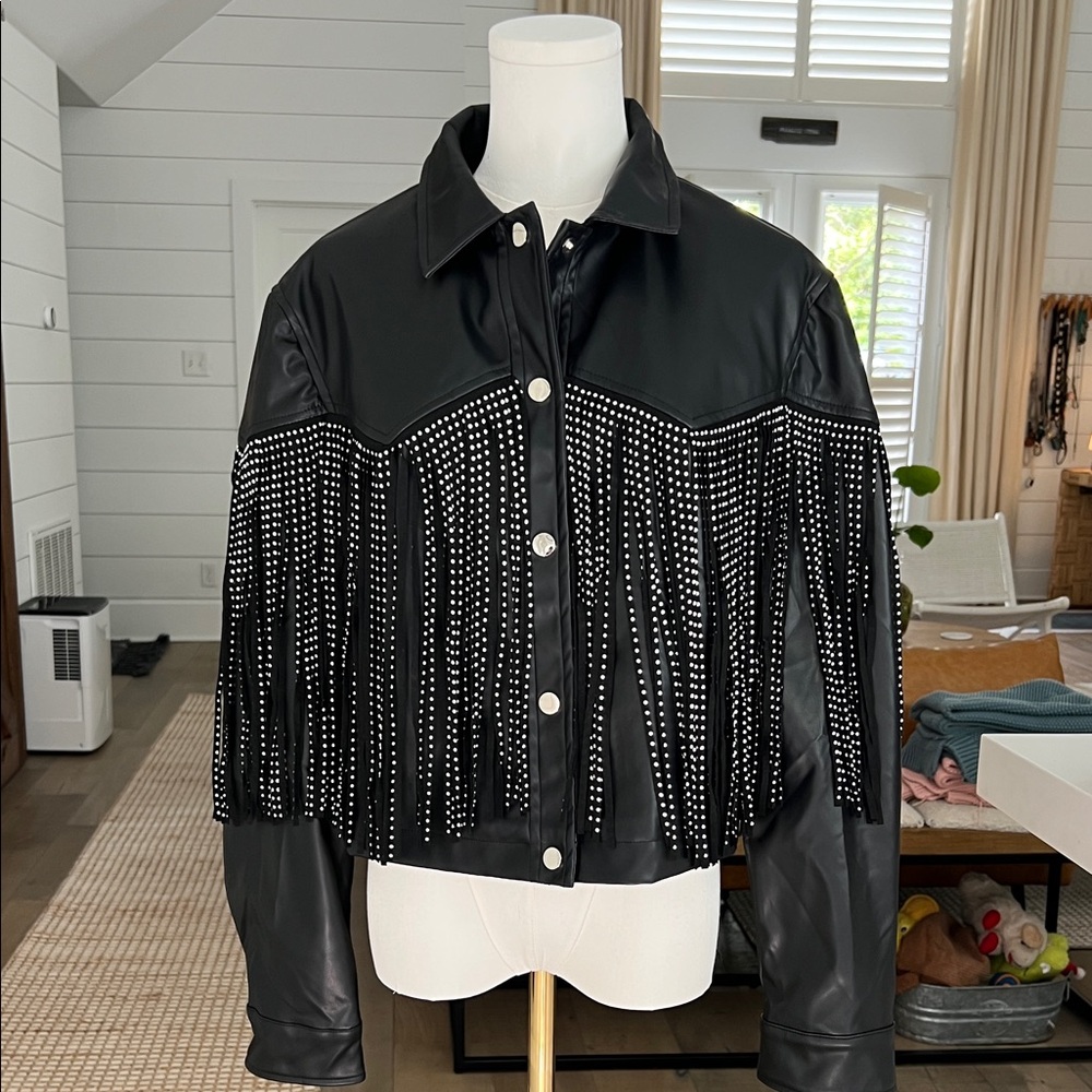 Black vegan leather fringe cowgirl jacket! Size small. So cute !